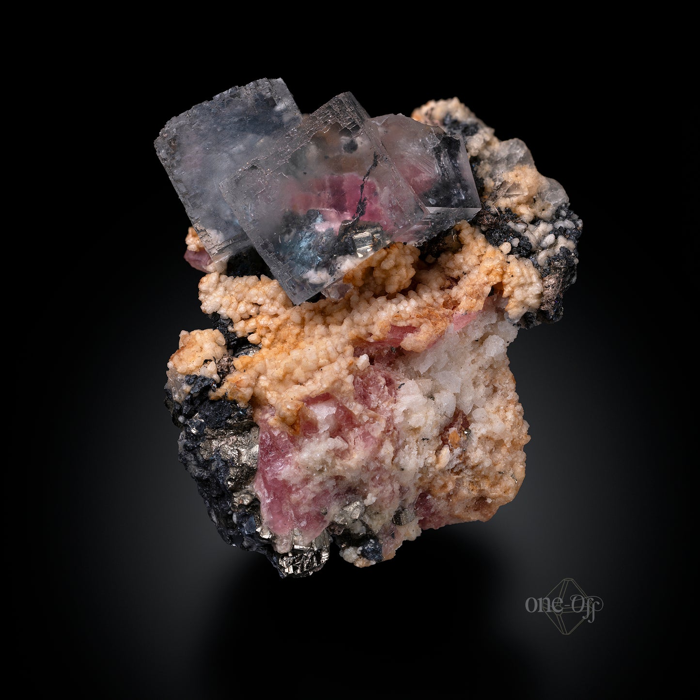 Fluorite w/ Rhodochrosite, Silver & Chalcopyrite