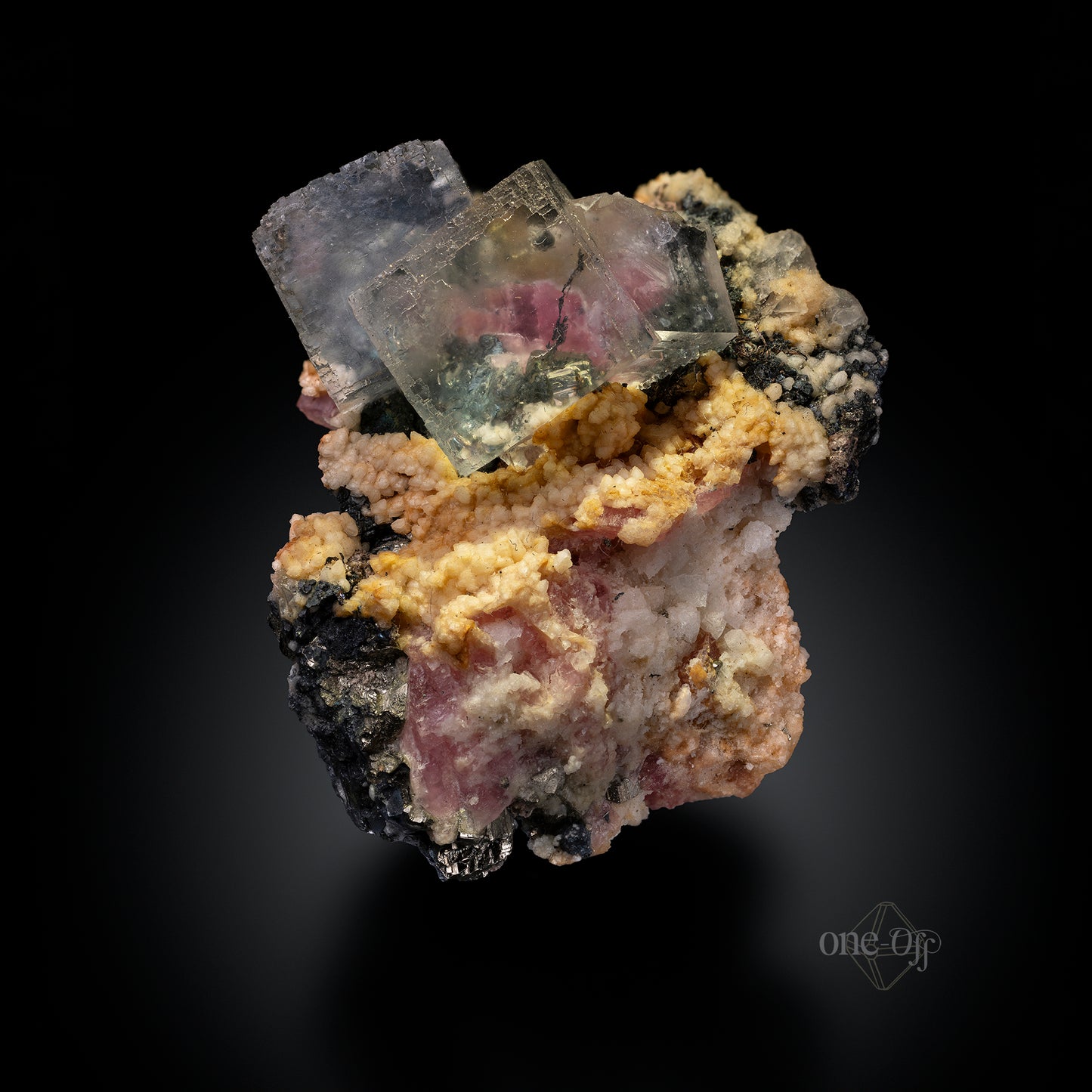 Fluorite w/ Rhodochrosite, Silver & Chalcopyrite