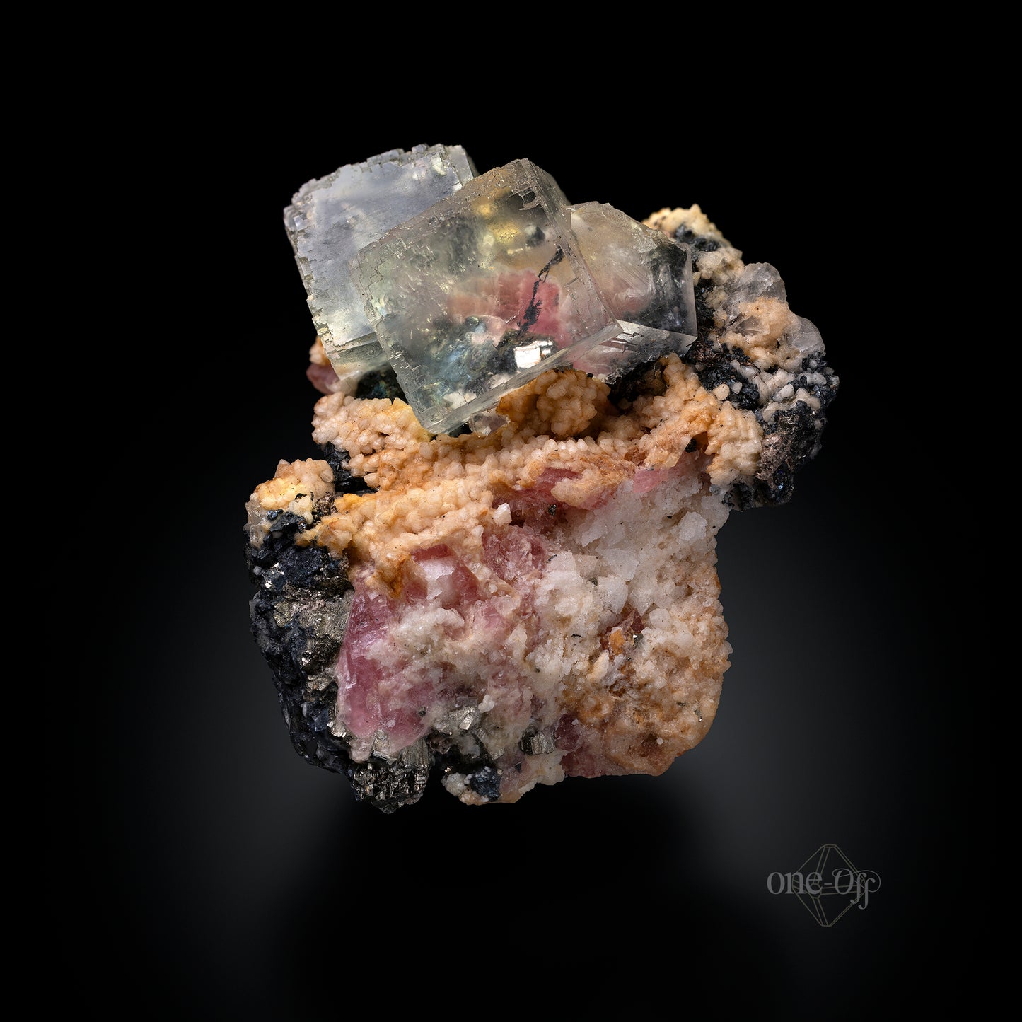 Fluorite w/ Rhodochrosite, Silver & Chalcopyrite