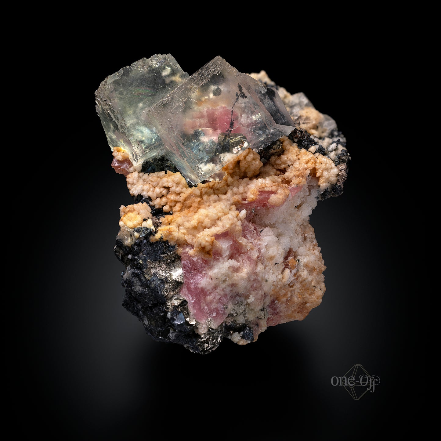 Fluorite w/ Rhodochrosite, Silver & Chalcopyrite