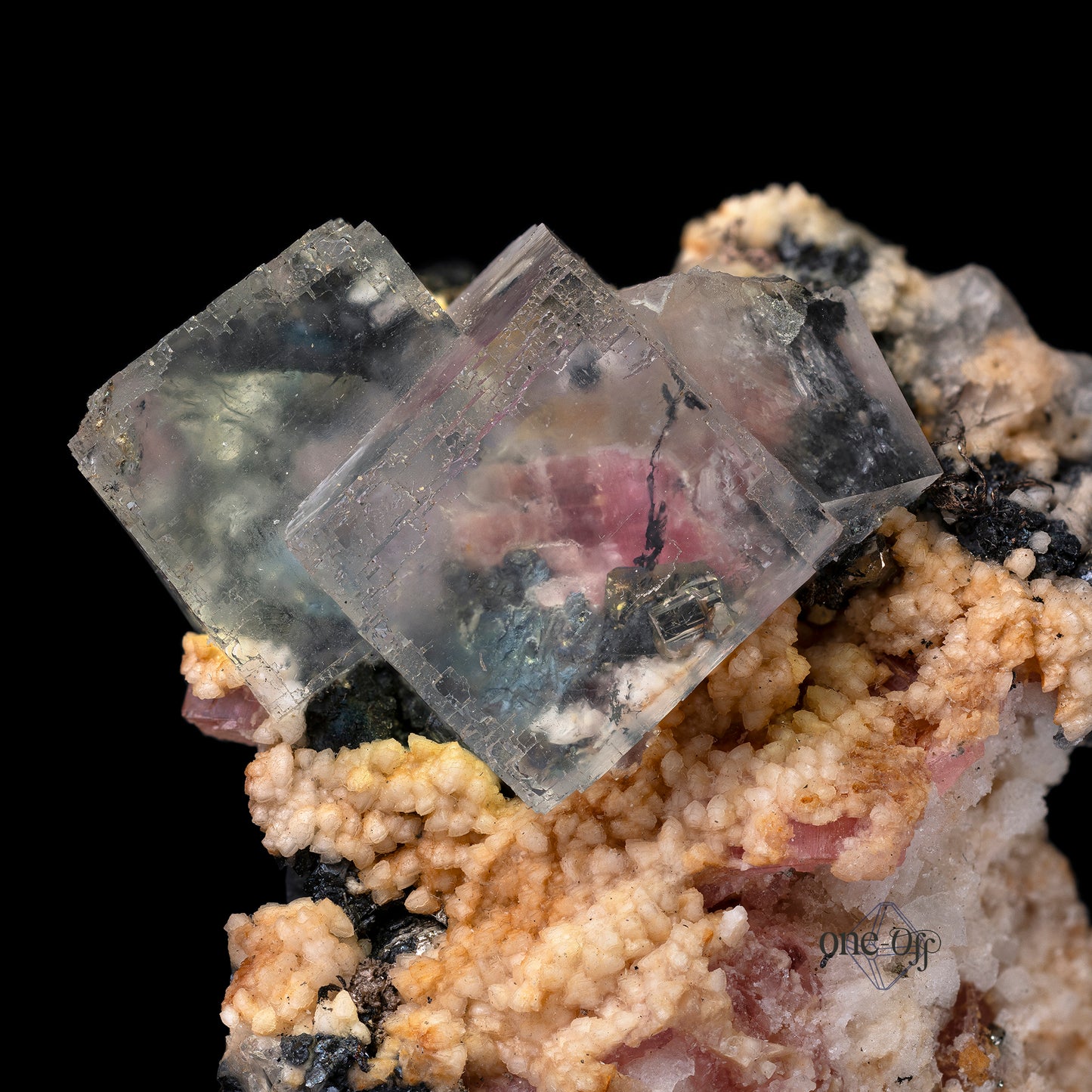 Fluorite w/ Rhodochrosite, Silver & Chalcopyrite