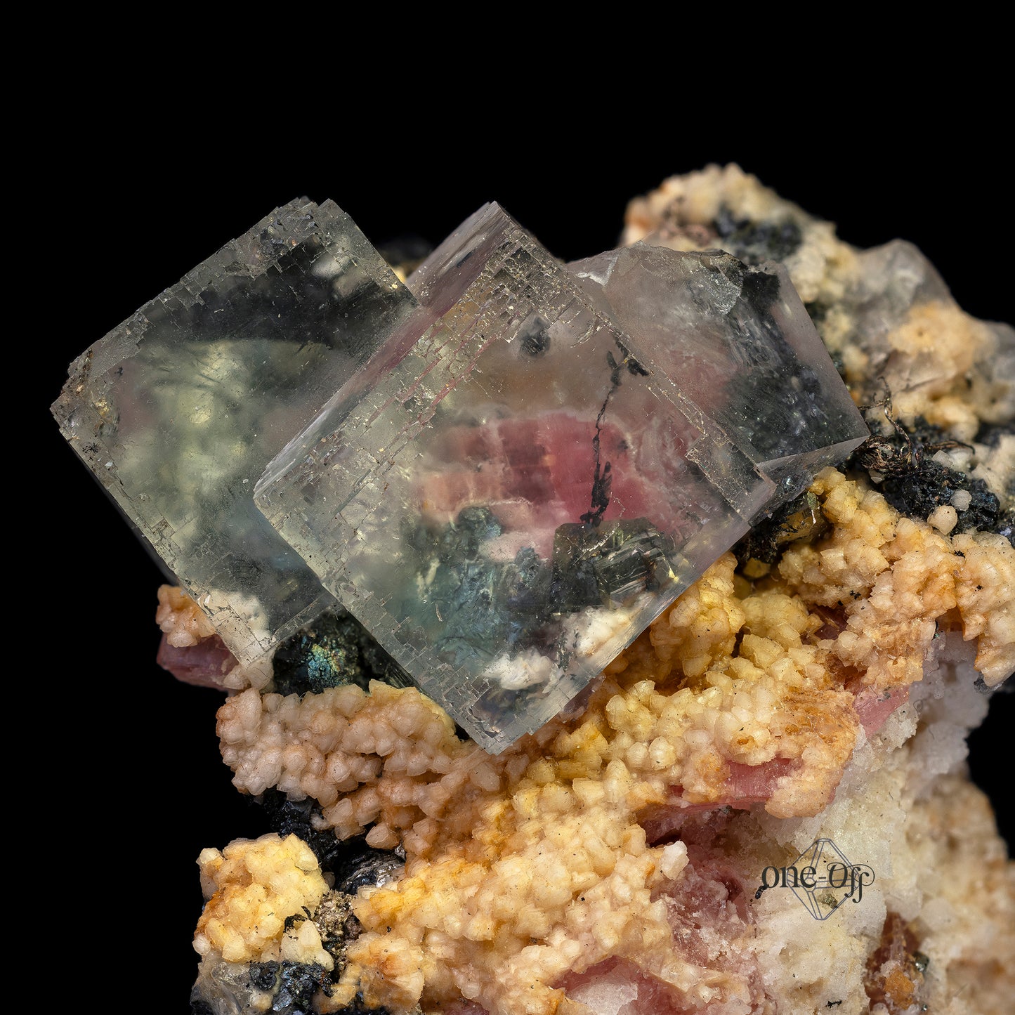Fluorite w/ Rhodochrosite, Silver & Chalcopyrite