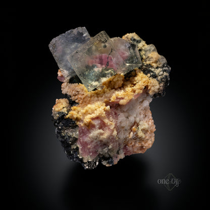 Fluorite w/ Rhodochrosite, Silver & Chalcopyrite